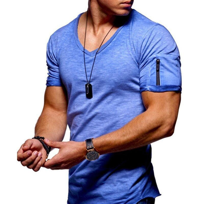 2019 new men's V-neck T-shirt fitness bodybuilding T-shirt high street summer short-sleeved zipper casual cotton top