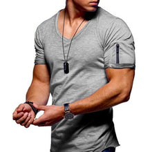 Load image into Gallery viewer, 2019 new men&#39;s V-neck T-shirt fitness bodybuilding T-shirt high street summer short-sleeved zipper casual cotton top