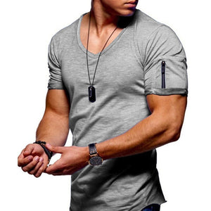 2019 new men's V-neck T-shirt fitness bodybuilding T-shirt high street summer short-sleeved zipper casual cotton top